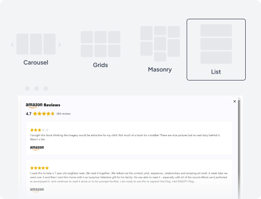 amazon review with fouitas carousel grid masonry or list options