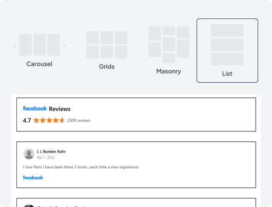 facebook review with fouitas carousel grid masonry or list options