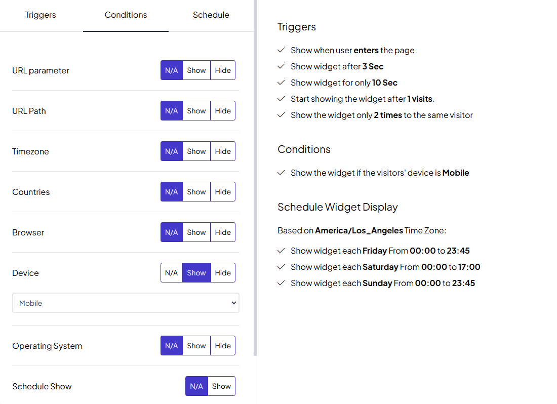 quiz widget triggers